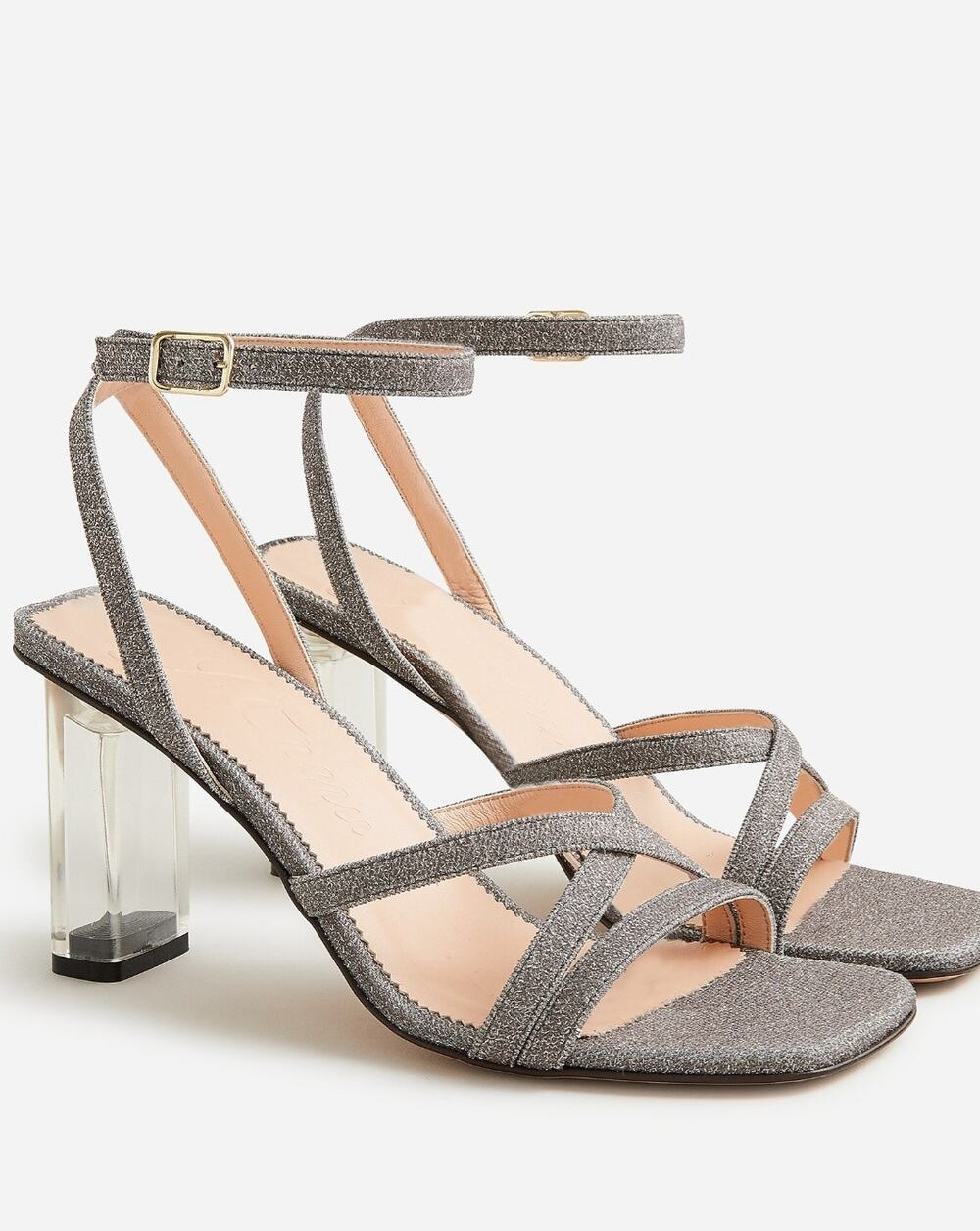 J. Crew Strappy Lucite Square Toe Sandals Silver Metallic Heel - NEW - Size 9.5